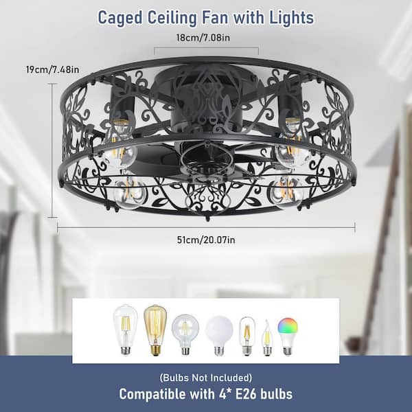 20.1 in. Indoor Black Farmhouse Reversible Caged Flush Mount Ceiling Fan with Light Kit and Remote Included for Bedroom