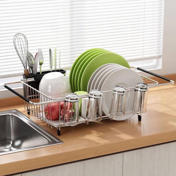 Silver Stainless Steel Expandable Dish Drying Rack in Sink, Kitchen Counter Over The Sink Dish Racks with Utensil Holder