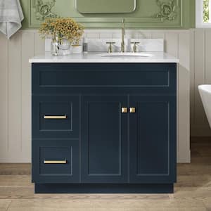 Hamlet 36 in. Single Sink Freestanding Bathroom Vanity in Midnight Blue with 0.75'' Carrara White Marble Top