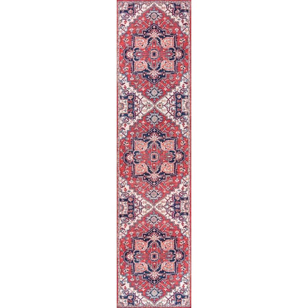 Cirali Ornate Red/Navy 2 ft. x 10 ft. Large Medallion Washable Runner Rug