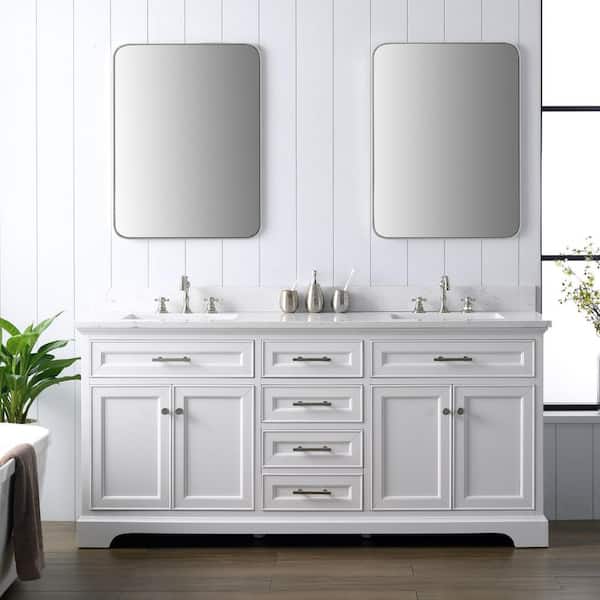 SUDIO Thompson 72 in. W x 22 in. D Bath Vanity in White with Engineered Stone Vanity Top in Carrara White with White Sinks