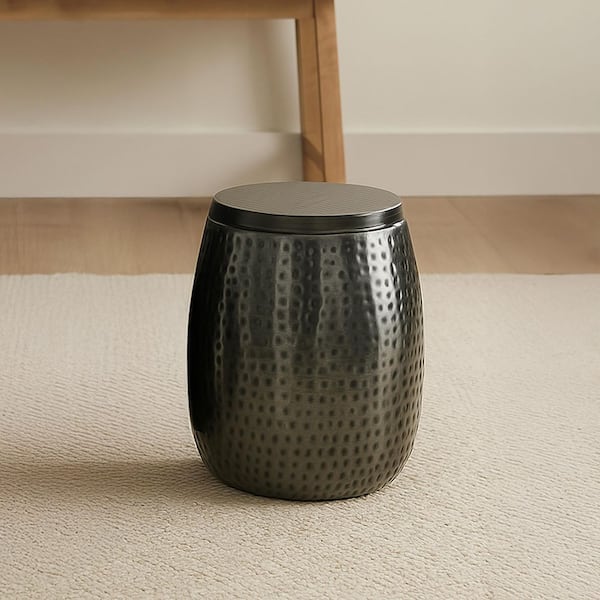 Merida 12 in. Antique Nickel Modern Rustic Hammered Round Metal Drum Storage End Table with Lid