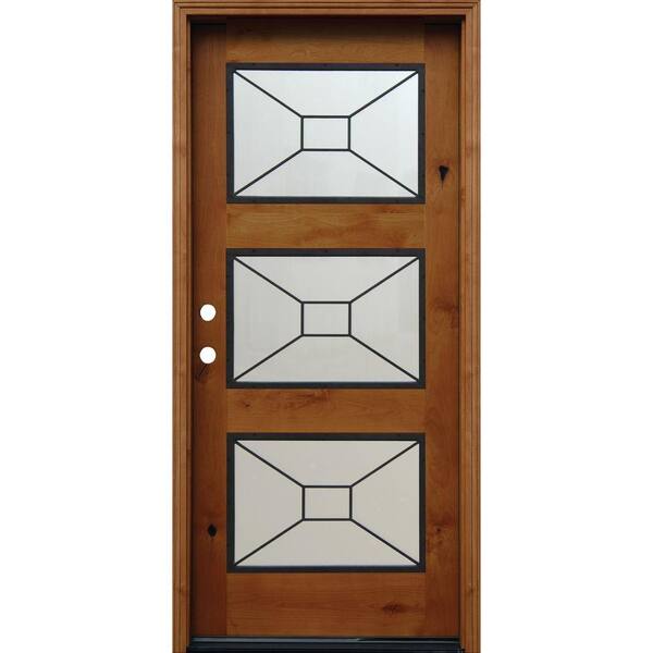 Pacific Entries 36 in. x 80 in. Contemporary 3 Lite Mistlite Stained Knotty Alder Wood Prehung Front Door with Grille and 6 in. Wall