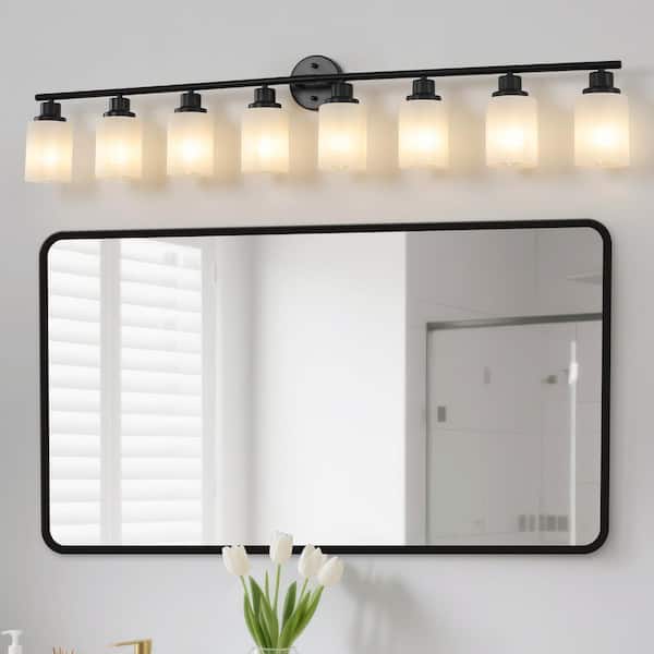 GMGSROM 52 in. 8-Light Matte Black Bathroom Vanity Light Fixture with Frosted Glass Shades