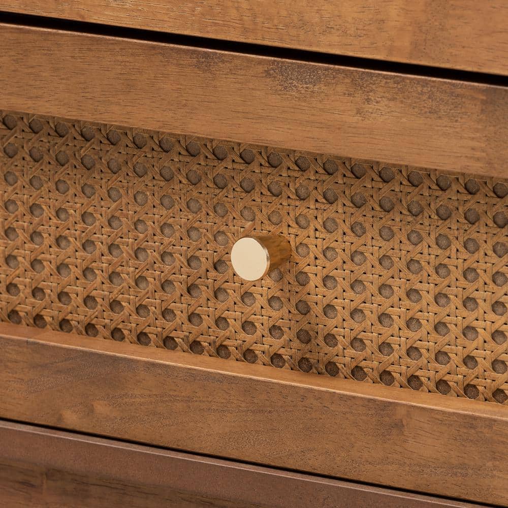 Ramiel Mid-Century Brown Ash Wood and Rattan 6-Drawer Dresser