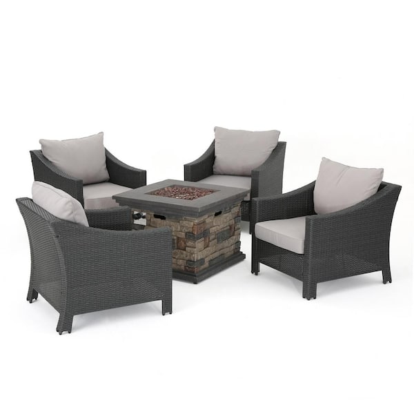 Natasha Stone 5-Piece Faux Rattan Patio Fire Pit Conversation Set with Silver Cushions