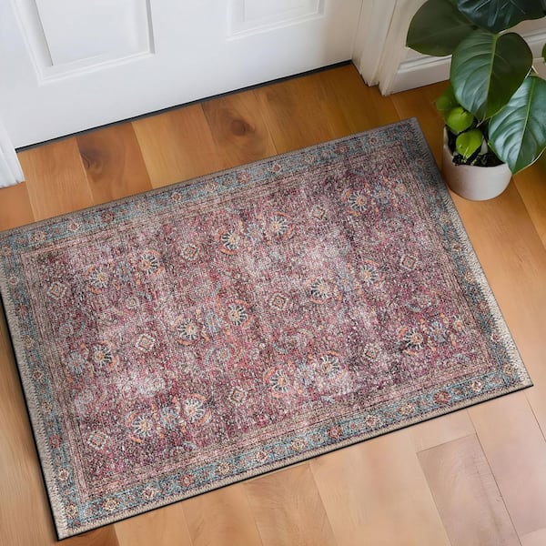 Distressed Vintage Bordered Machine Washable Multi 2 ft. x 3 ft. Area Rug