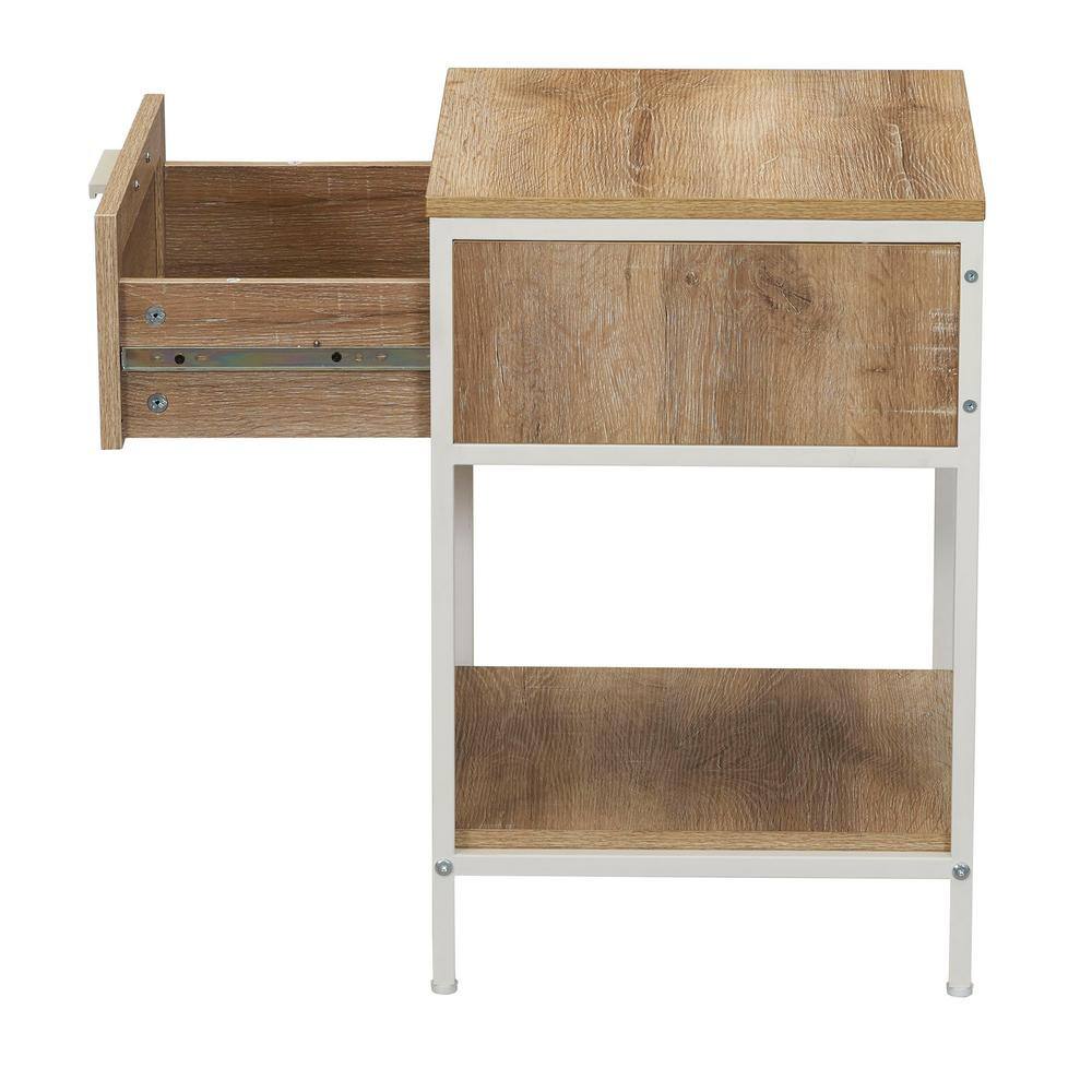 Coastal Oak Square End Table with Rattan Drawer and Metal Frame