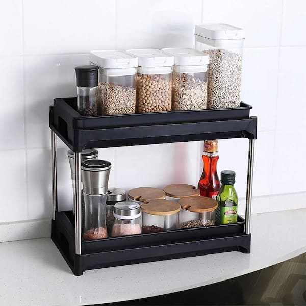 Adrinfly Pull-out Drawer Organizer for Storage Cabinet, Undersink, Countertop in Black with 2 Hooks