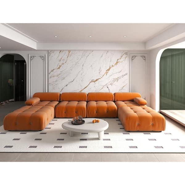 138.6 in. W Square Arm Velvet U Shaped Modular Free Combination Sofa with Ottoman in Orange