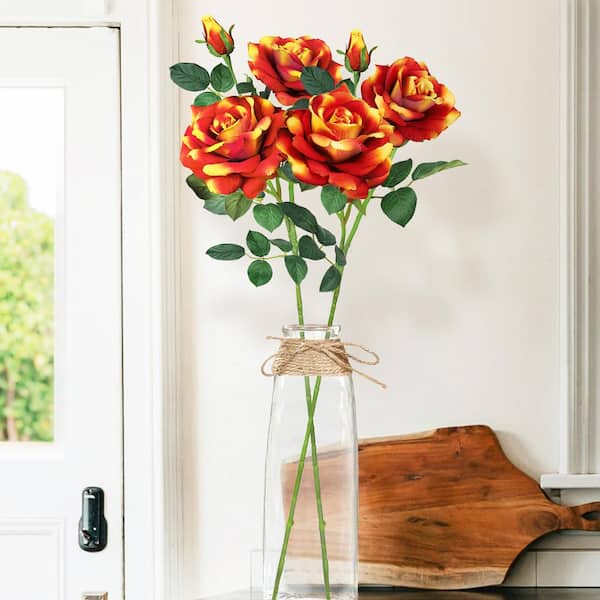 32 in. Orange Yellow Artificial Velvet Elegant Rose Flower Stem Spray (Set of 2)