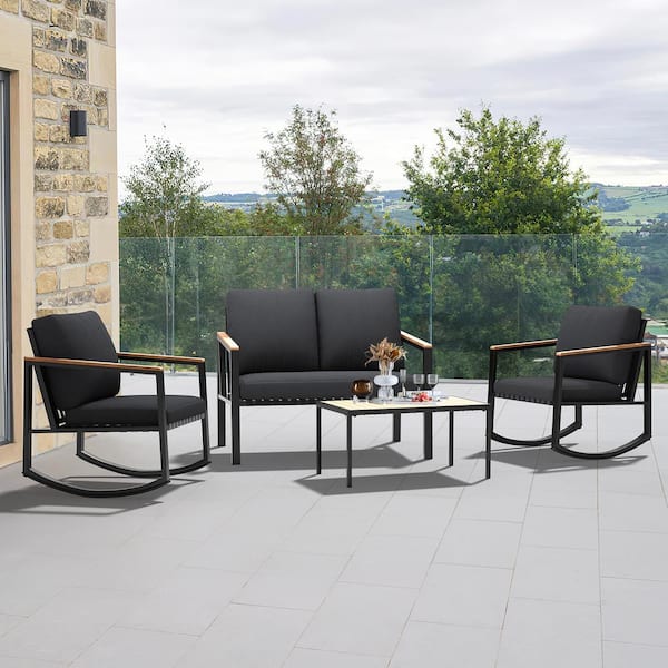 JEAREY 4-Piece Metal Outdoor Grey Patio Conversation Set with Cushions, 2-Rocking Chairs and Coffee Table