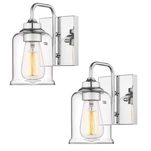 JAZAVA 4.7 in. 1-Light Modern Industrial Chrome Vanity Light Sconces Wall Lighting with Clear Glass Shade 2PK