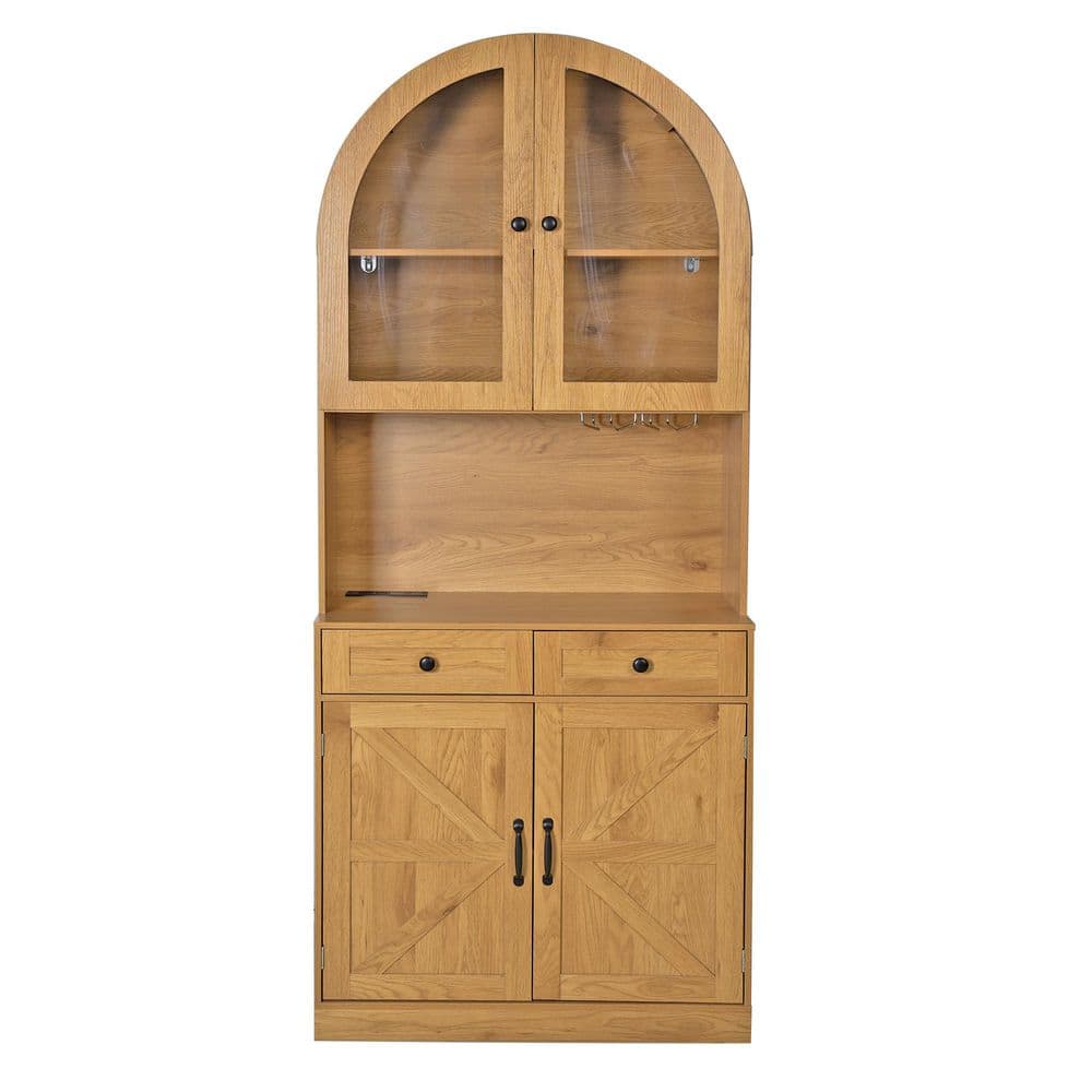 Oak Brown 75 in. H Arched Storage Cabinet with Charging Station, Adjustable Shelves and Open Countertop