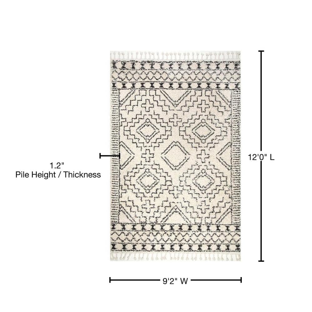 Ivory Geometric Braided Shag Area Rug with Tassels