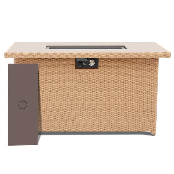 PATIOGUARDER 43 inch Beige Wicker Propane 50,000 BTU Outdoor Gas Fire Pit Table with Tempered Glass Tabletop