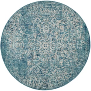 Evoke Blue/Ivory 7 ft. x 7 ft. Round Border Medallion Distressed Area Rug