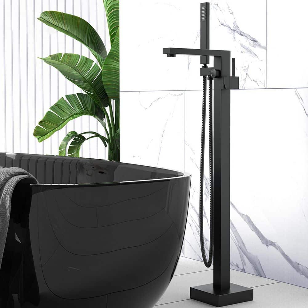 Matte Black Stainless Steel Freestanding Tub Filler with Hand Shower