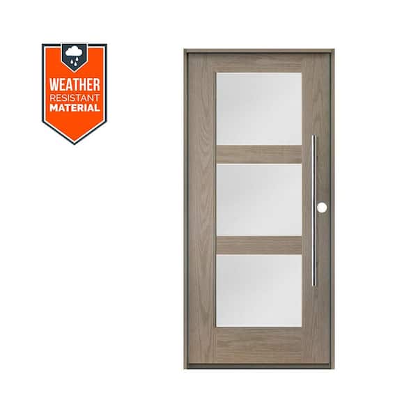 Modern Faux Pivot 36 in. x 79 in. 3-Lite Left-Hand/Inswing Satin Glass Oiled Leather Stain Fiberglass Prehung Front Door