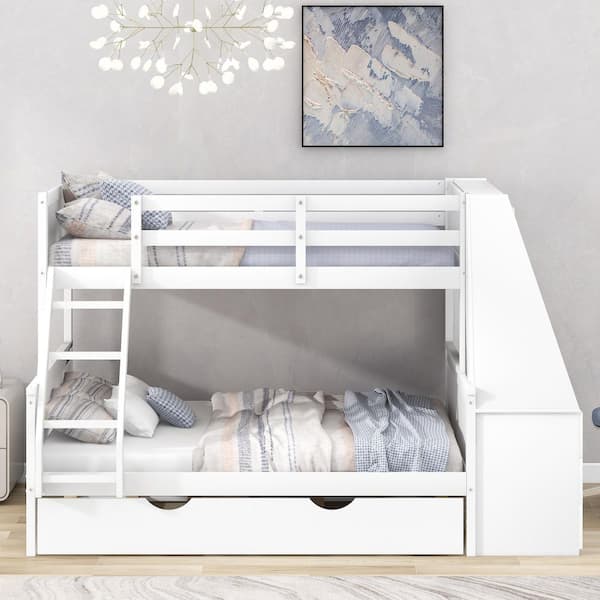 White Twin over Full Bunk Bed with Trundle and Built-in Desk