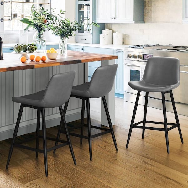 OrangeOne 35 in. Gray 24 in. Low Back Metal Frame Cushioned Counter Height Bar Stool with Faux Leather Seat Set of 3