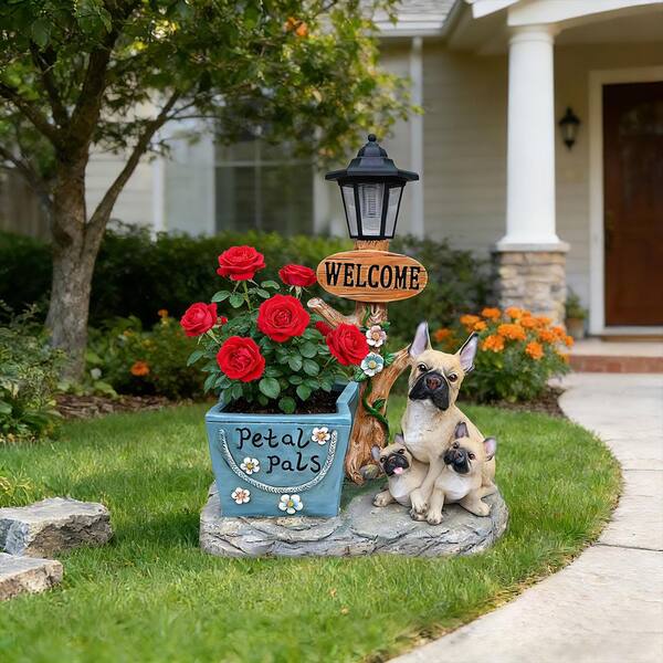 VAMOP 15.75 in. Brown Resin French Bulldog Family Planter Garden