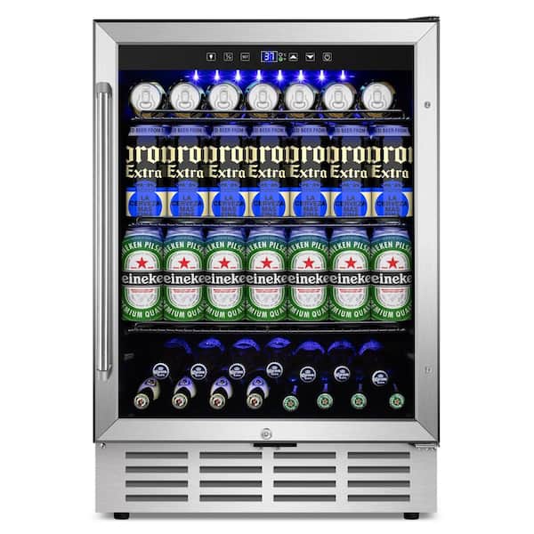 SOZT 23.4 in. Single Zone 180-Cans Beverage Cooler With 3 Removable Shelves, Built-in Blue Light, Stainless Steel