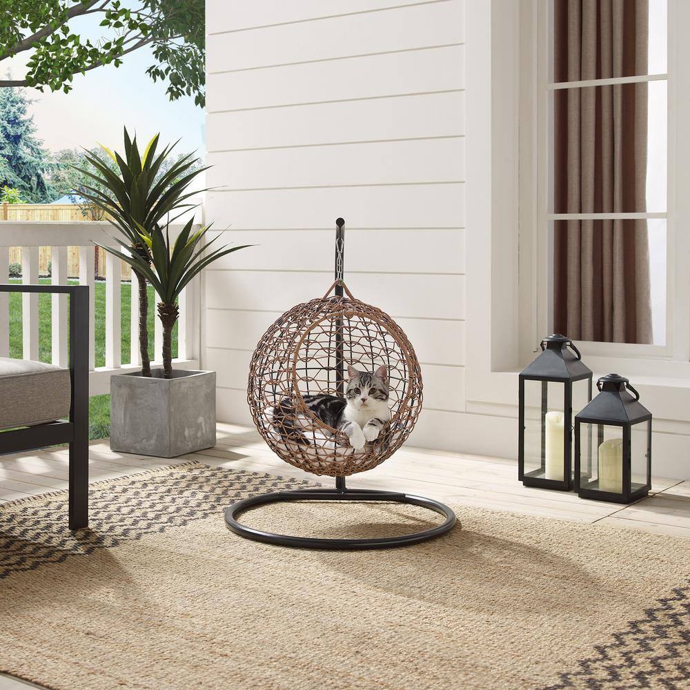 Medium Brown Rattan Hanging Egg Cat Condo with Cotton Cushion