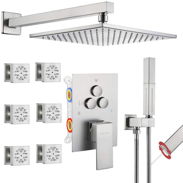 Vanfoxle Single Handle 3-Spray Patterns 1-Spray Shower Faucet 1.8 GPM with Pressure Balance, Shower Head 10 in. Brushed Nickel