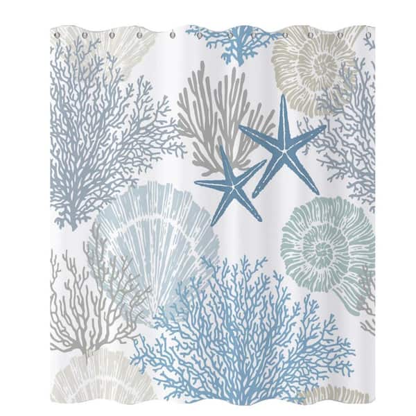 Nautical Coastal Shower Curtain 72x72 Themed Waterproof with Hooks Blue Fabric