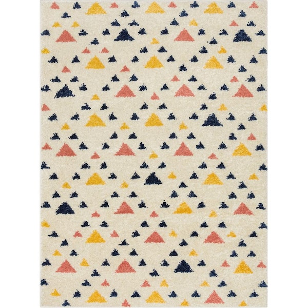 Well Woven Gigi Jax Modern Geometric Shag Ivory Blue 7 ft. 10 in. x 9 ft. 10 in. Area Rug