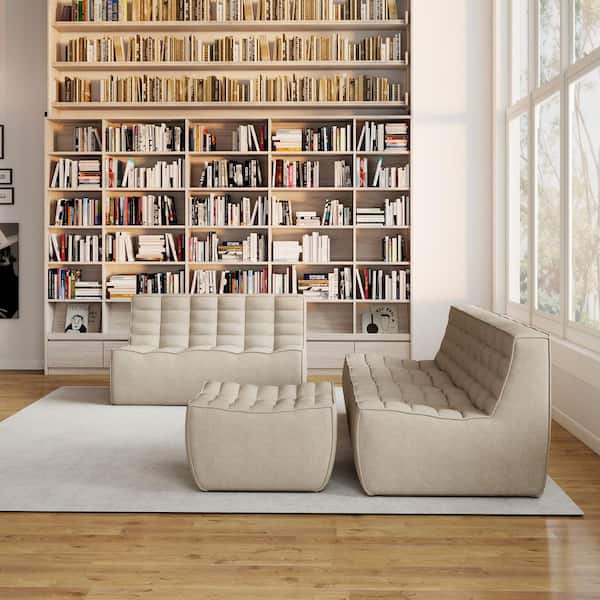 Armless 3-Piece Linen Modular Sectional Sofa 82.6 in. 3-Seater Fireside Floor Sofa Couch with Loveseat, Ottoman in Khaki