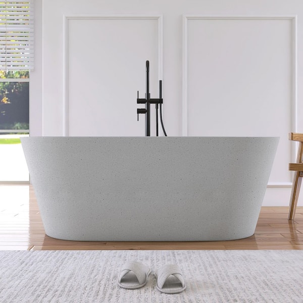 59 in. x 29 in. Terrazzo Stone Solid Surface Flatbottom Freestanding Soaking Bathtub in Light Gray