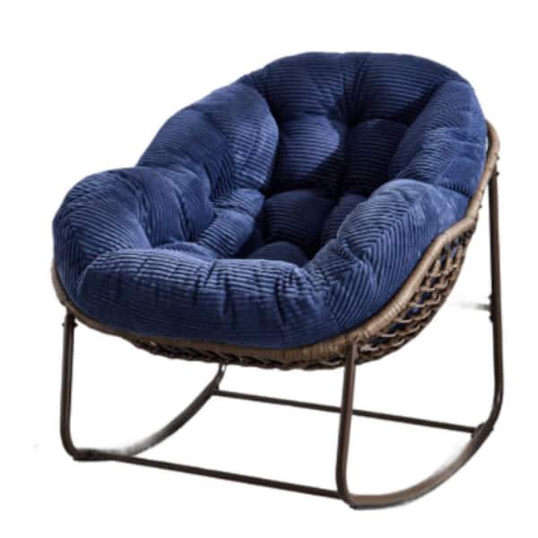 Series Frame Bronw Rattan Metal Rocking Outdoor Rocking Chair with CushionGuard Navy Blue Cushion 1Piece