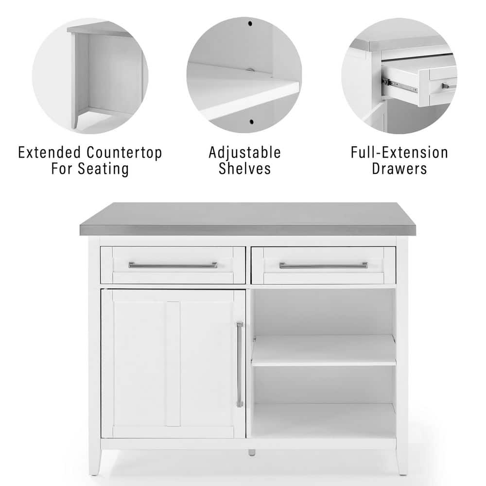 Silvia 51'' Classic White Kitchen Island with Stainless Steel Top