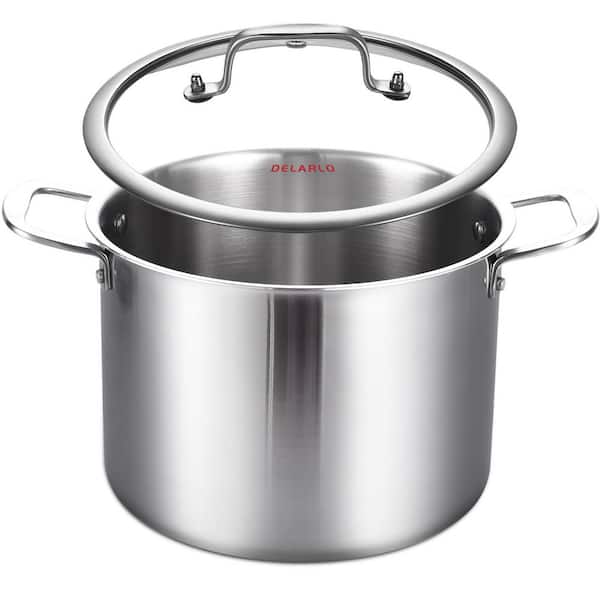 Tri-ply Stainless Steel Stock Pot 1 Piece Silver with Glass Lid Even Heating Induction Compatible Soup Pot Set