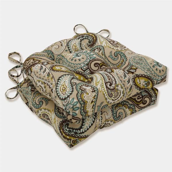 Pillow Perfect Paisley 16 in. x 15.5 in. 2-Piece Outdoor Dining Chair Cushion in Blue/Brown Tamara Quartz