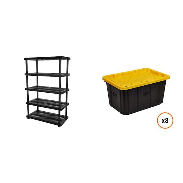 48 in. x 75 in. 5-Tier Black Shelving Unit and 27 Gal. Black and Yellow Storage Tote (8-Count) Combo