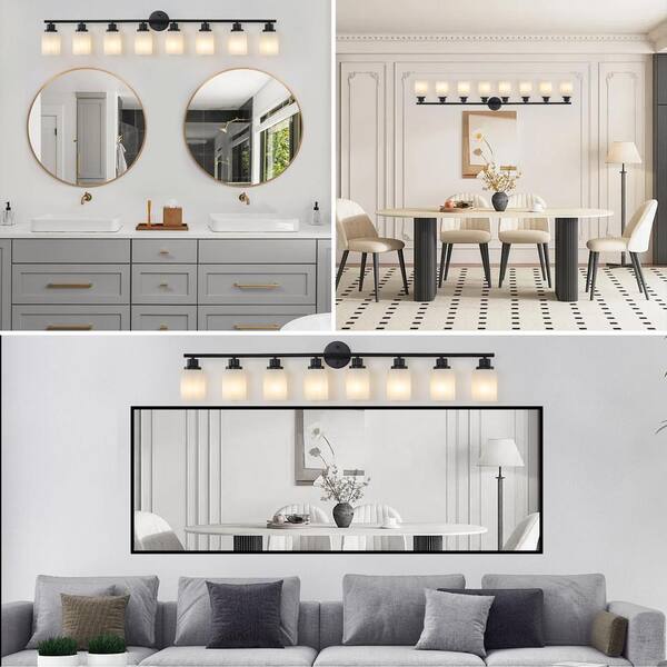 Jushua 52 in. 8-Light Black Iron Frame Bathroom Mirror Vanity