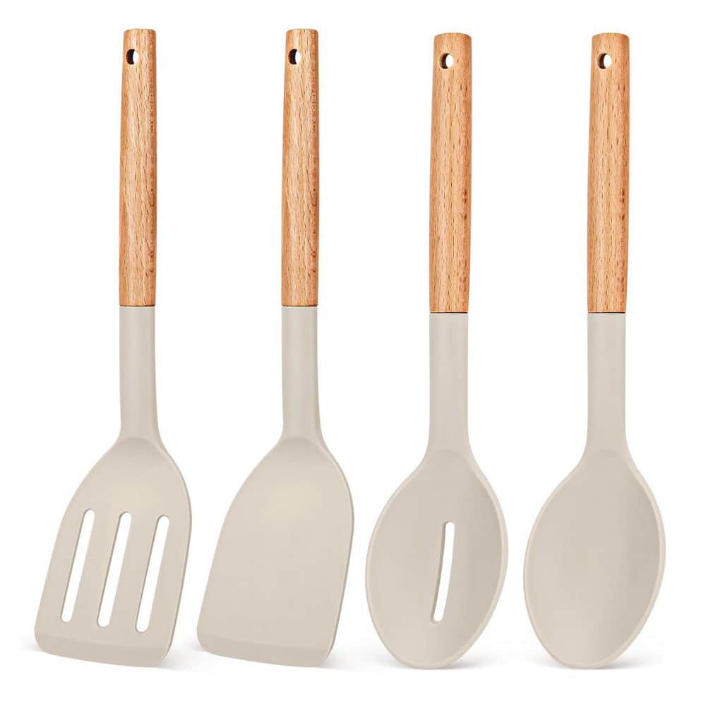 4-Piece Khaki Silicone and Wood Cooking Utensil Set Heat Resistant Nonstick Spatula and Slotted Spoon Accessory Set price history on PriceWatchPro