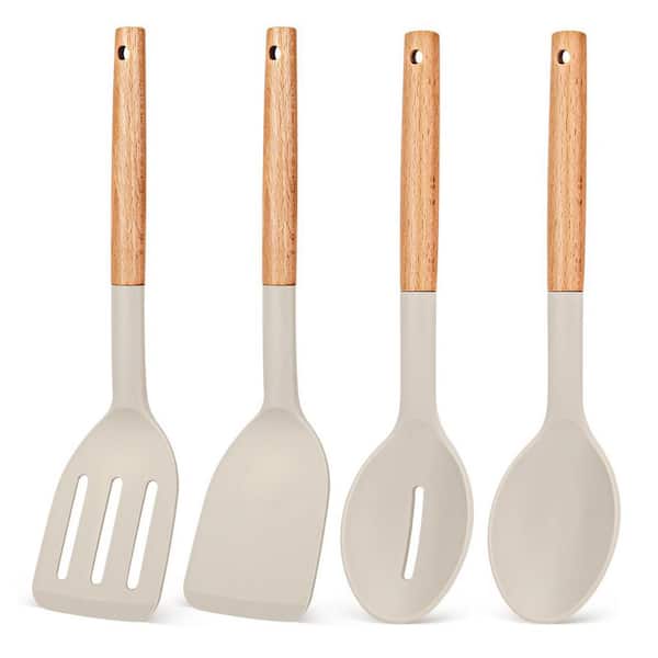 4-Piece Khaki Silicone and Wood Cooking Utensil Set Heat Resistant Nonstick Spatula and Slotted Spoon Accessory Set