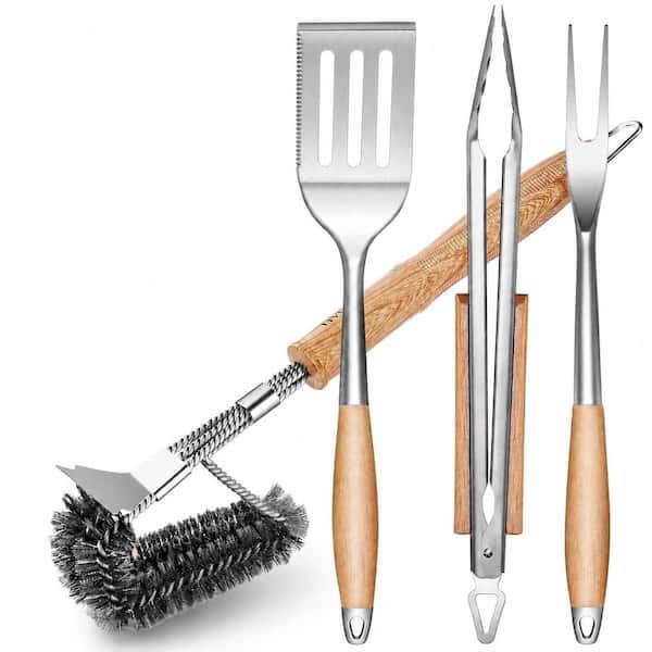 4 Piece Stainless Steel BBQ Tool Set, Barbecue Utensils Kit with Wood Handles Ergonomic Grilling Accessories