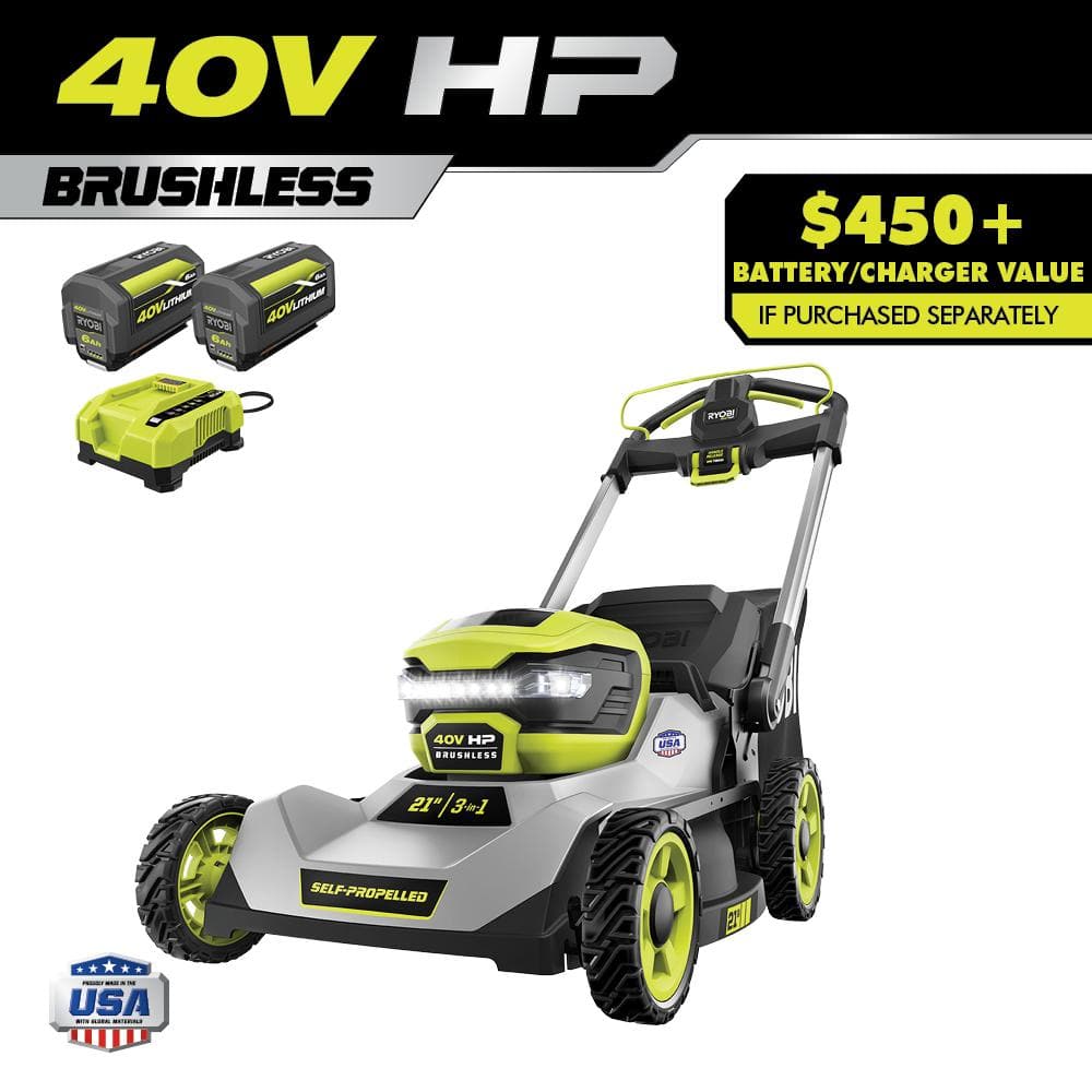 RYOBI 40V HP Brushless 21 in. Cordless Battery Walk Behind Self-Propelled  Lawn Mower with (2) 6.0 Ah Batteries and Charger RY401140 - The Home Depot