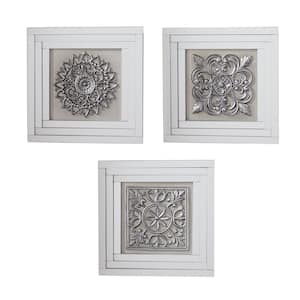 Glass White Floral Wall Decor with Embossed Details (Set of 3)