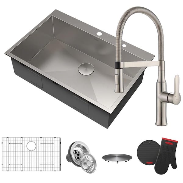 KRAUS Pax All-in-One Drop-In Stainless Steel 33 in. 2-Hole Single Bowl Kitchen Sink with Commercial Faucet in Stainless Steel