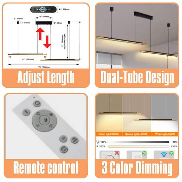 75 in. 2-Light LED Black and Gold Warehouse Pendant Hanging Light with Remote Control, Dining Room, Kitchen