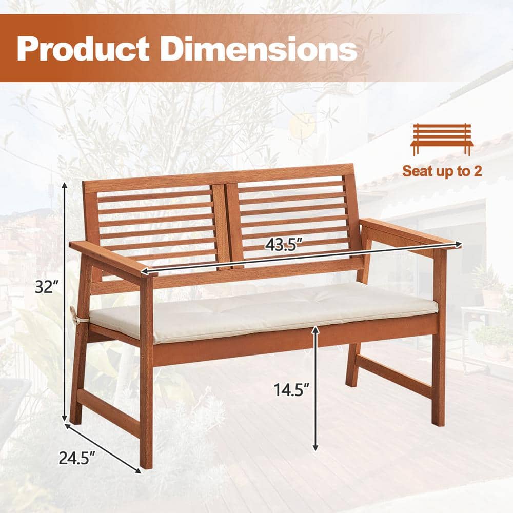 Natural Brown Solid Wood Outdoor Bench with Off-White Cushion