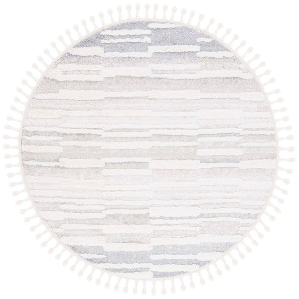 Moroccan Tassel Shag 7 ft. x 7 ft. Beige/Ivory Striped Fringe Round Area Rug