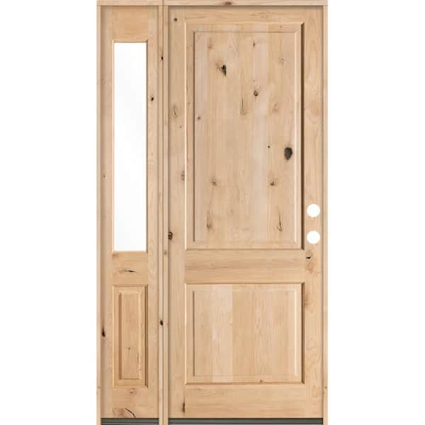 Krosswood Doors 46 in. x 96 in. Rustic Unfinished Knotty Alder Square-Top Left-Hand Left Half Sidelite Clear Glass Prehung Front Door