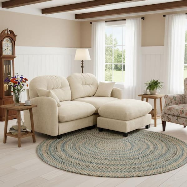 PMOB 74 in. Round Arm 3-piece Chenille Rectangle Tufted Backrest with Ottoman Sectional Sofa in Oatmeal